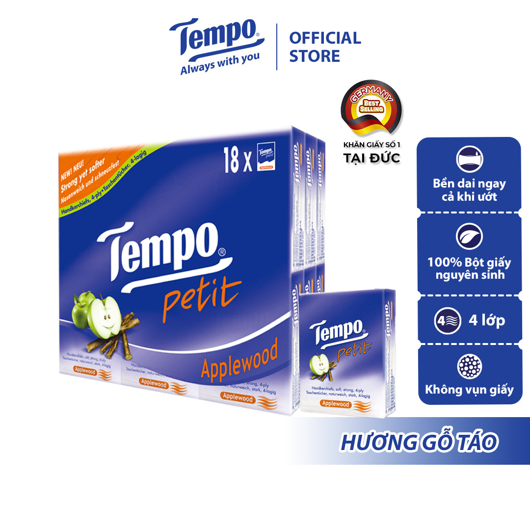 Khăn giấy bỏ túi cao cấp Tempo Petit - 4 lớp bền dai, được kiểm nghiệm da liễu - Thương hiệu Đức (Lốc 18 gói)