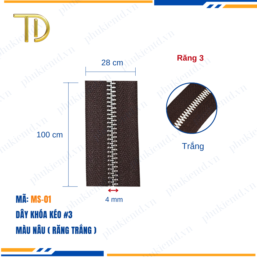 Dây khóa kéo túi xách, dây khóa kéo kim loại, dây khóa kéo răng 3 nâu, Mạ điện độ bền 5-8 năm