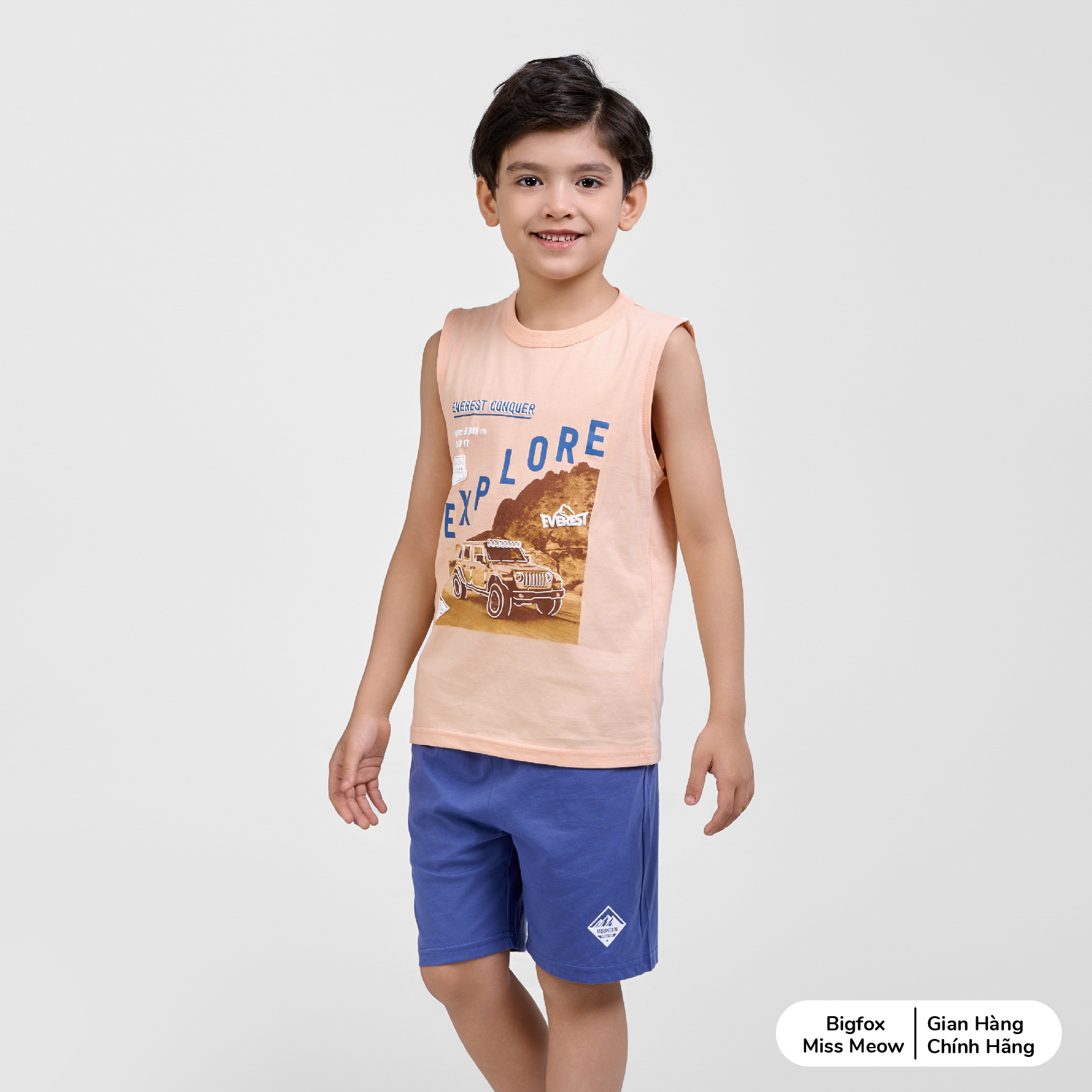 Bộ ba lỗ bé trai chất cotton Bigfox Miss Meow in ô tô size đại cỡ 3,7,9,11 tuổi 30kg 40kg