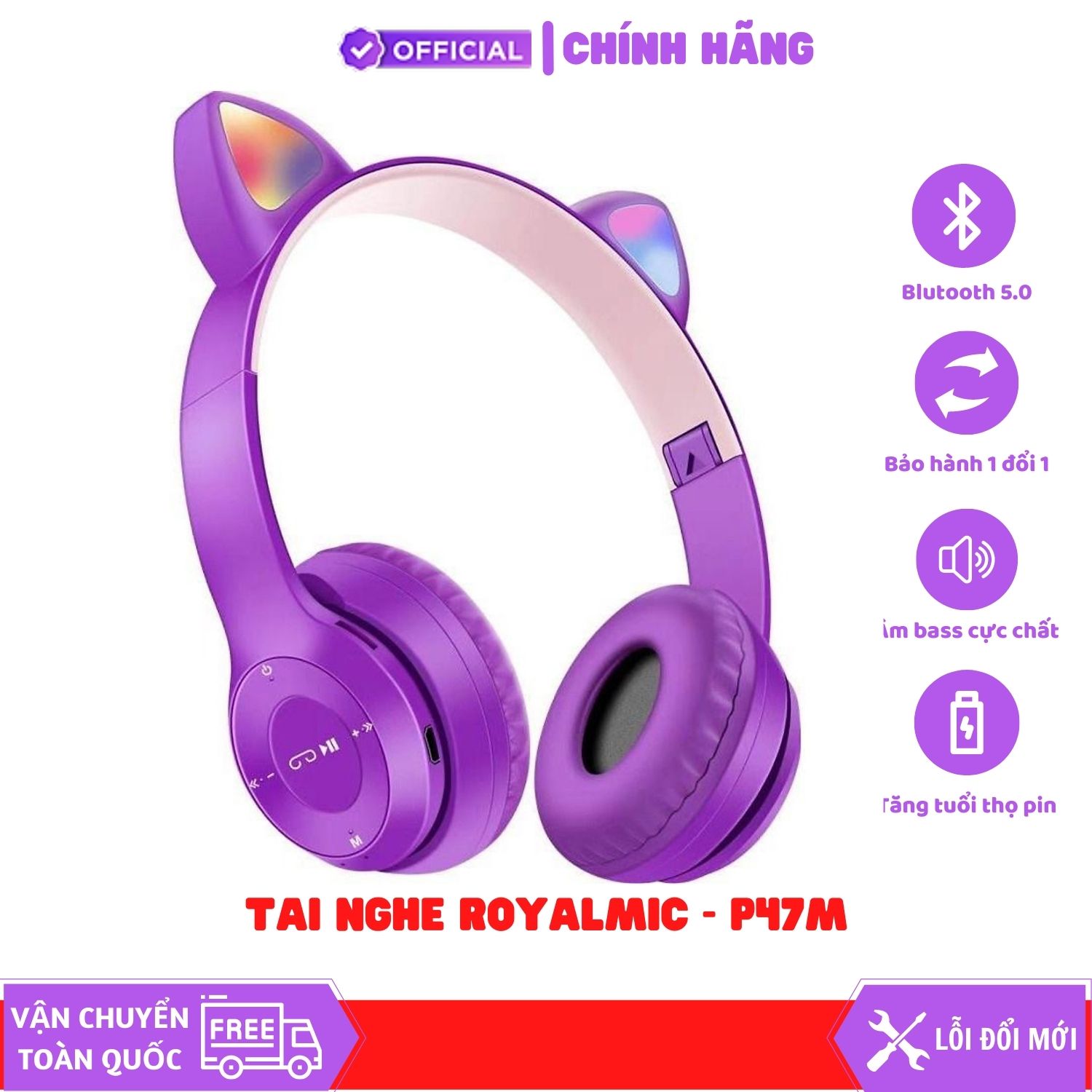 Tai Nghe Mèo Bluetooth ROYALMIC P47M Chụp Tai, Tai Mèo Dễ Thương Có Mic, Âm Bass Mạnh Mẽ - Hàng Chính Hãng