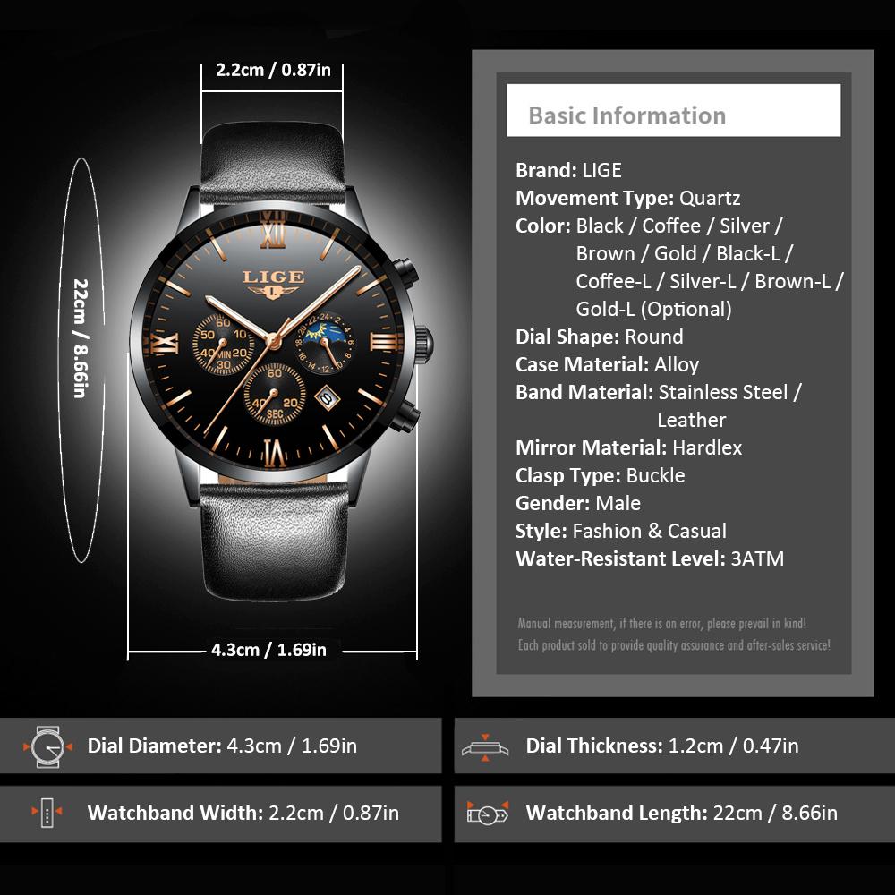 Đồng hồ đeo tay đơn giản Lịch ngày Giờ phút Hiển thị thứ hai Hẹn giờ 3ATM Chống thấm nước LIGE 9831