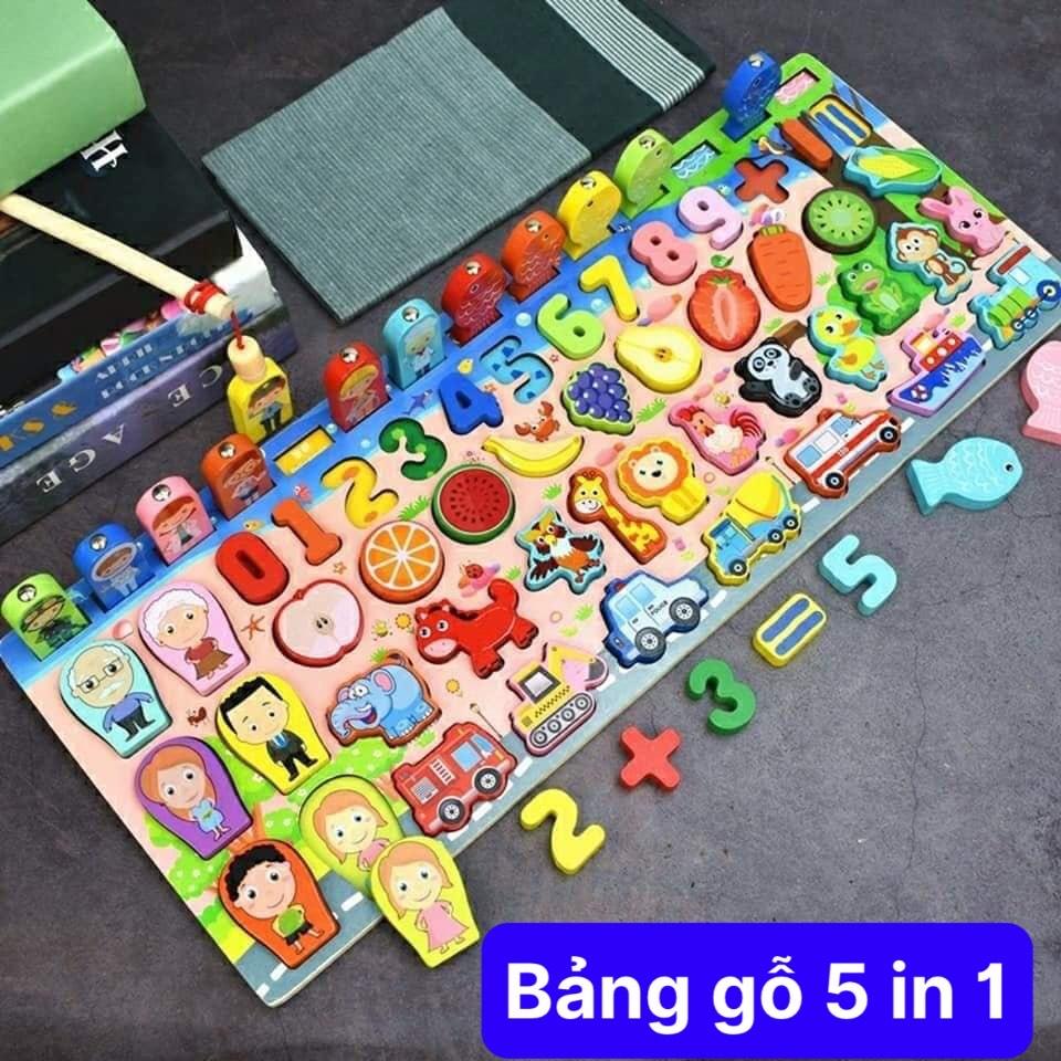 Bảng gỗ 6 in 1 - Bảng câu cá đa năng, số đếm, chữ cái, hình học, phương tiện giao thông