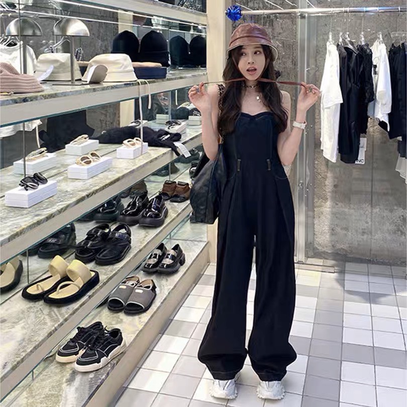 JUMPSUIT 2 DÂY ĐEN TRƠN CỔ U QUẦN DÀI ỐNG RỘNG ĐỒ BAY LƯNG CAO ĐI BIỂN DẠO PHỐ ĐI CHƠI