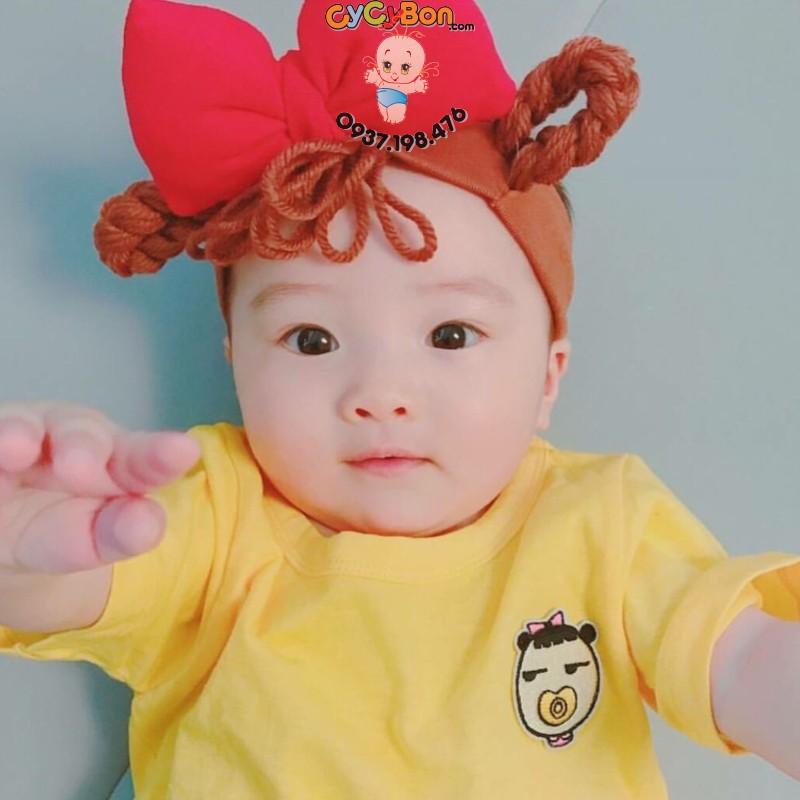 Băng Đô Chất Thun Đính Nơ Đỏ Cam Kèm Tóc Giả Len Thắt Bính   Cho Bé Gái