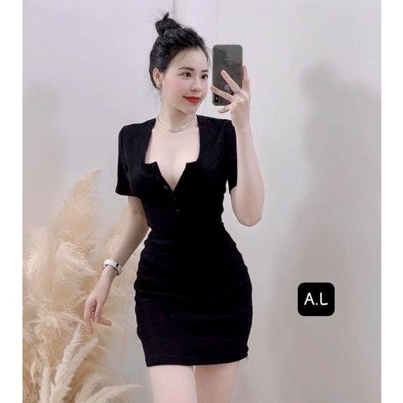Đầm Body Mini Cổ U Tay Ngắn, Dáng Ôm Ngắn Cổ Cài Cúc Chất Xốp Siêu Mềm D064