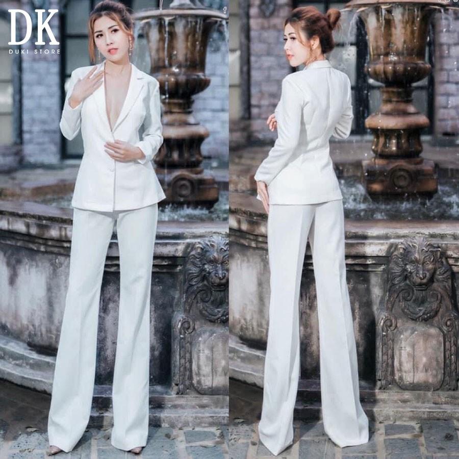 Bộ vest nữ quần ống loe màu trắng phong cách - DUKI STORE