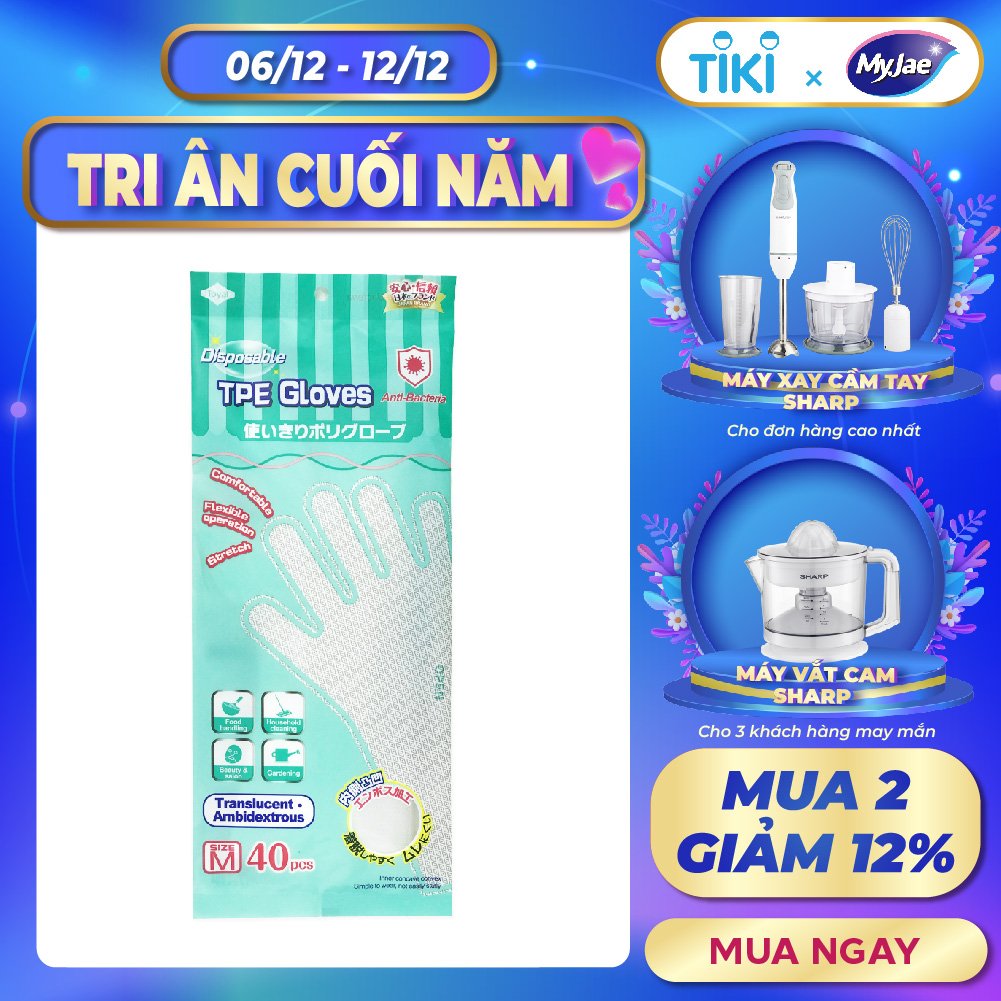 Găng Tay Chống Khuẩn TPE MyJae Một Lần Dùng Nấu Ăn, Rửa Chén Bát Size M (40 Cái/Hộp)