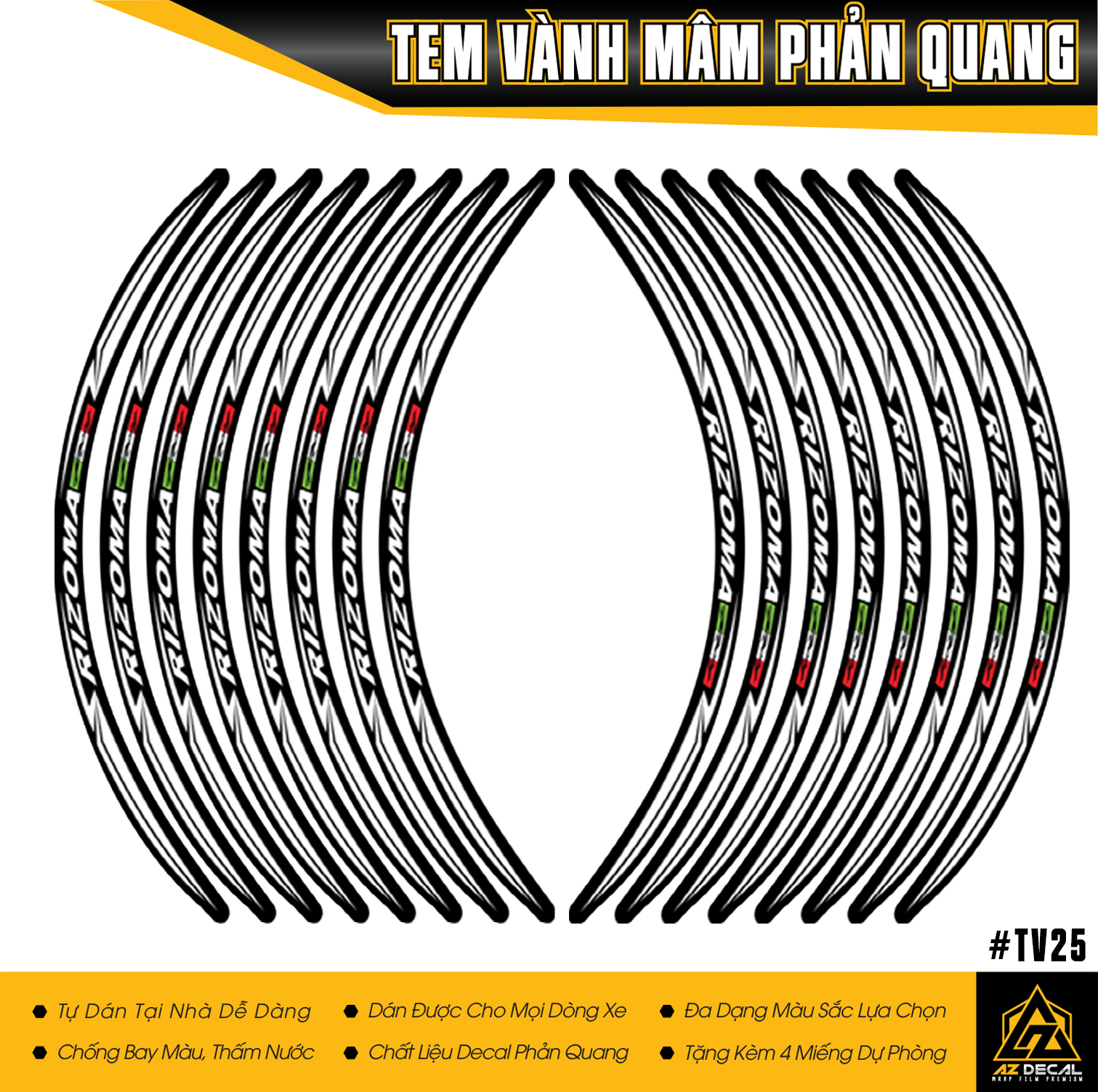 Tem Phản Quang Mâm Xe Mẫu Rizoma | TV25 | Decal Vành Dán 2 Bánh Dành Cho Mọi Dòng Xe