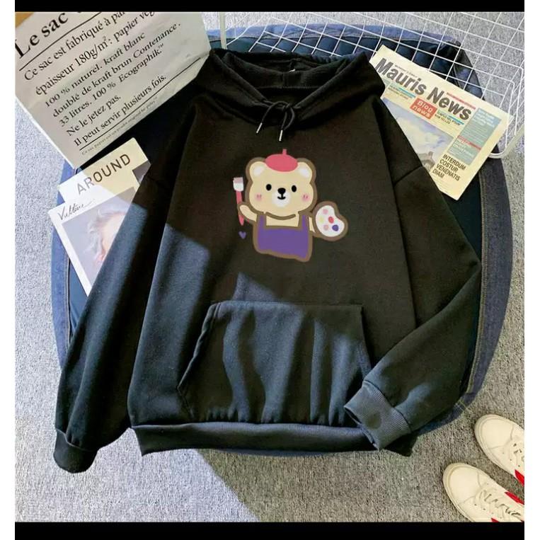Áo hoodie gấu vẽ tranh chất nỉ bông dày siêu ấm 75