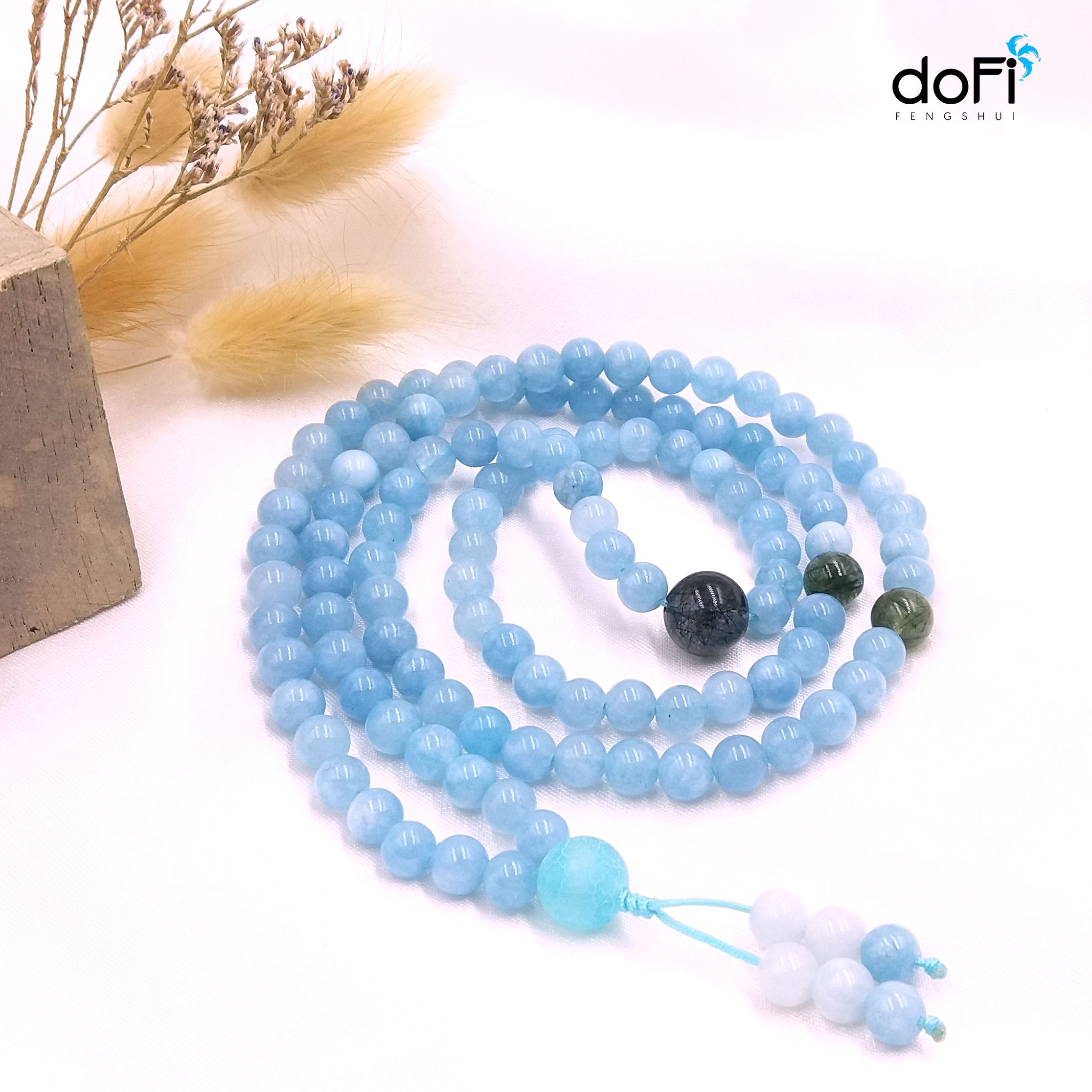 TRÀNG HẠT ĐÁ AQUAMARINE PHỐI THẠCH ANH TÓC