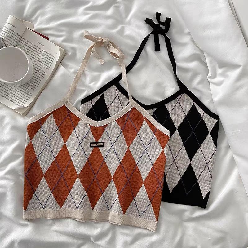 Áo yếm caro croptop dệt kim len nữ kiểu buộc dây cô tim dáng ngắn thiết kế Quảng Châu cao cấp trẻ trung cá tính