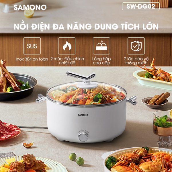 Nồi lẩu điện đa năng SAMONO SW-DG02 3 lít kèm xửng hấp chiên xào hấp nấu lẩu tiện dụng - Hàng chính hãng