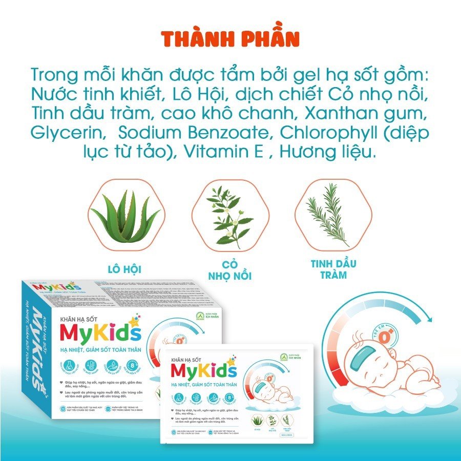 Khăn Lau Hạ Sốt MyKids Ích Nhân Hạ Nhiệt, Giảm Sốt Theo Tiêu Chuẩn Nhi Khoa, Ngăn Ngừa Co Giật - Hộp 4 Gói x 6 Khăn/Gói