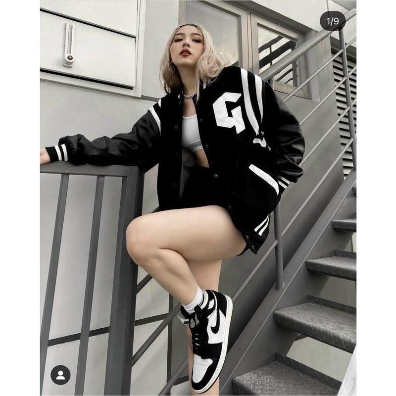 Áo khoác bóng chày bomber kaki nhung gân 1 lớp thêu G sọc tay unisex ulzzang nam nữ