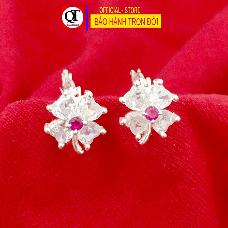 Bông tai nữ hình cỏ bốn lá mặt gắn đá tim cao cấp chất liệu bạc thật không xi mạ trang sức Bạc Quang Thản