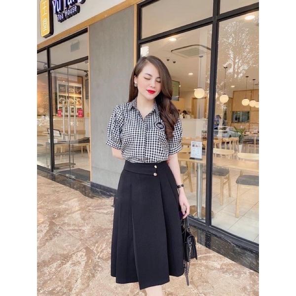 Chân váy dài qua gối phối 2 khuy