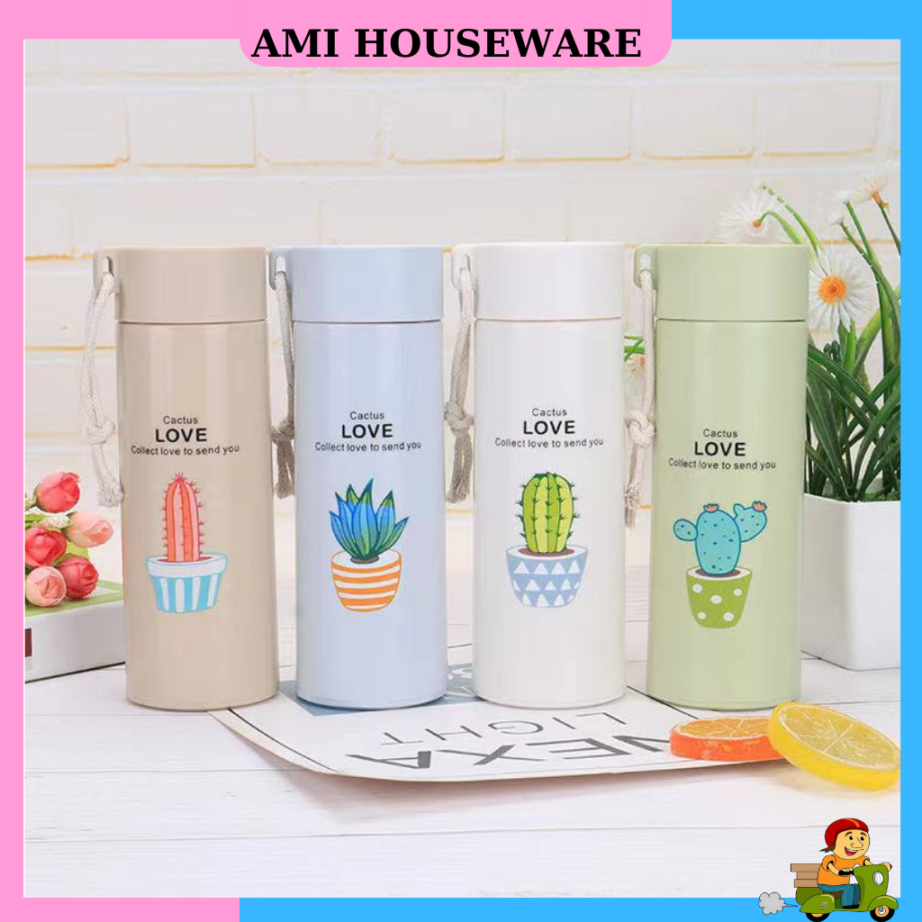 Binh đựng nước giữ nhiệt thủy tinh họa tiết xương rồng nhiều màu sắc siêu cute 500ML