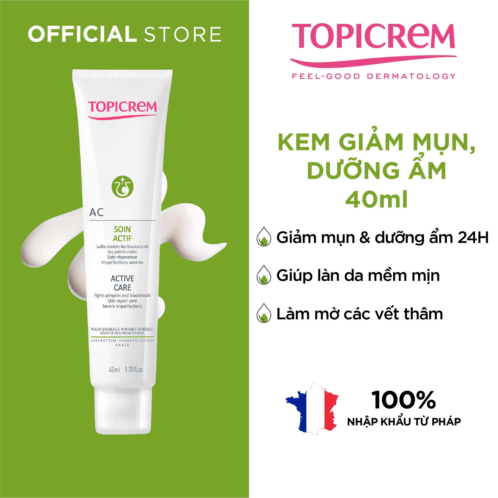 TOPICREM AC Active care 40ml - Kem làm giảm mụn và dưỡng ẩm giúp làm êm dịu và mềm mịn da