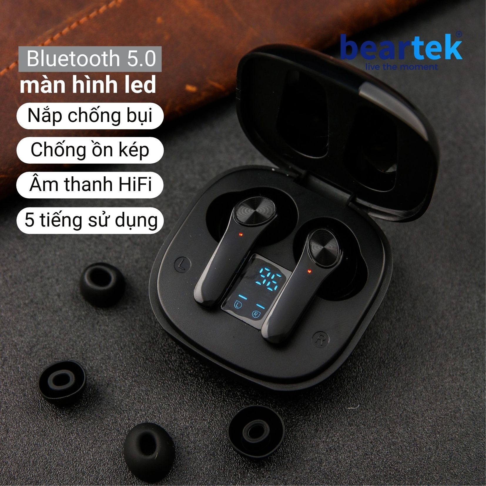 Tai nghe bluetooth không dây Beartek Bearbuds B33 True Wireless màn hình LED thông minh, có định vị, chạm cảm ứng, cửa sổ kết nối – Hàng chính hãng