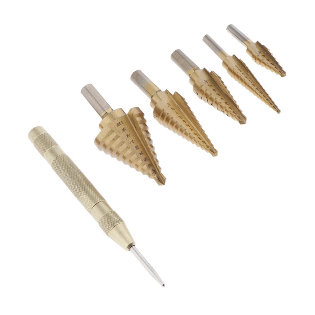 Step Drill, Titanium Coated HSS Step Drill Bit Set with 122mm Automatic Center Punch, 3/16-7/8,1/4-1-3/8,1/4-3/4,1/8-1/2,3/16-1/2 Steps, Aluminum Case