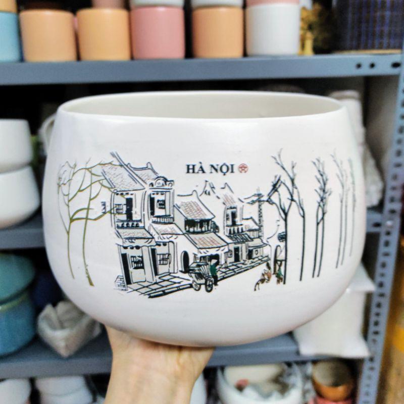 Chậu sứ tròn hình hạt dẻ in S1, size to hình siêu đẹp, trồng cây phong thủy, cây để bàn, sen đá xương rồng