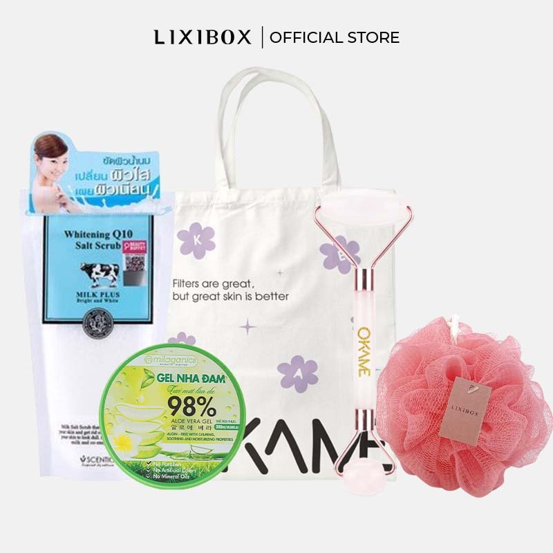 [Gift] Combo Túi Tote, Muối tẩy tế bào chết, Gel Dưỡng Ẩm Nha Đam, Thanh Lăn Okame, Bông tắm Lixibox