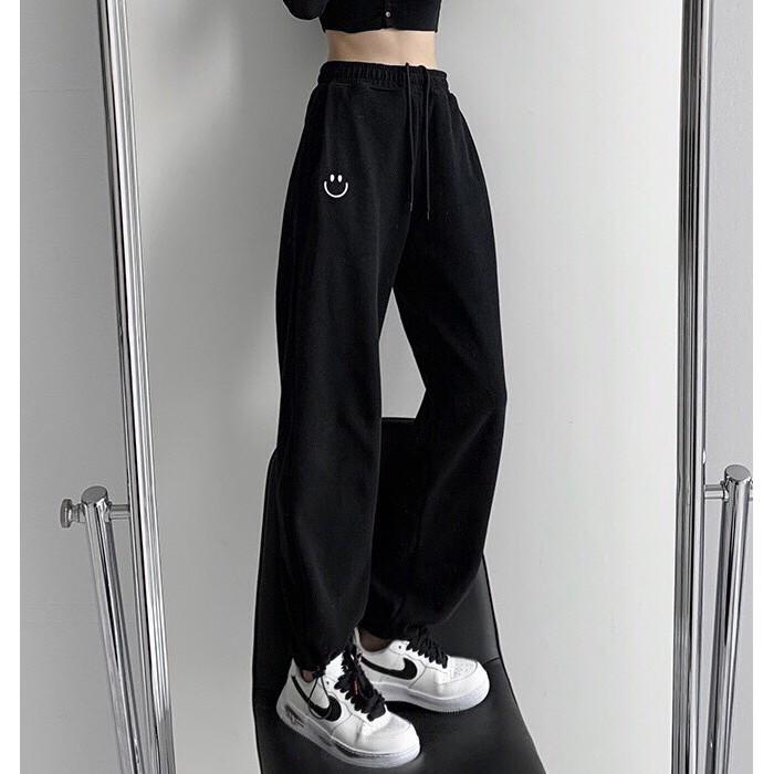 Quần jogger nữ Mặt Cười đen trắng ghi xanhunisex cap cao ống suông rông bo gấu
