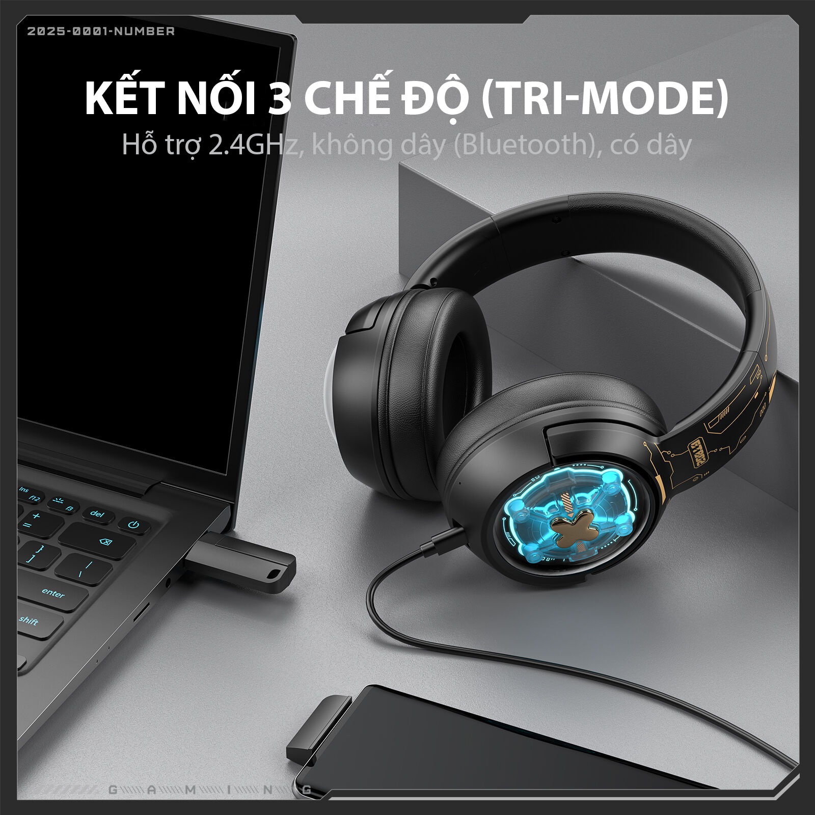Tai Nghe ONIKUMA GT802 (2.4G+Bluetooth+Wired) Tri-Mode Black - Hàng Chính Hãng