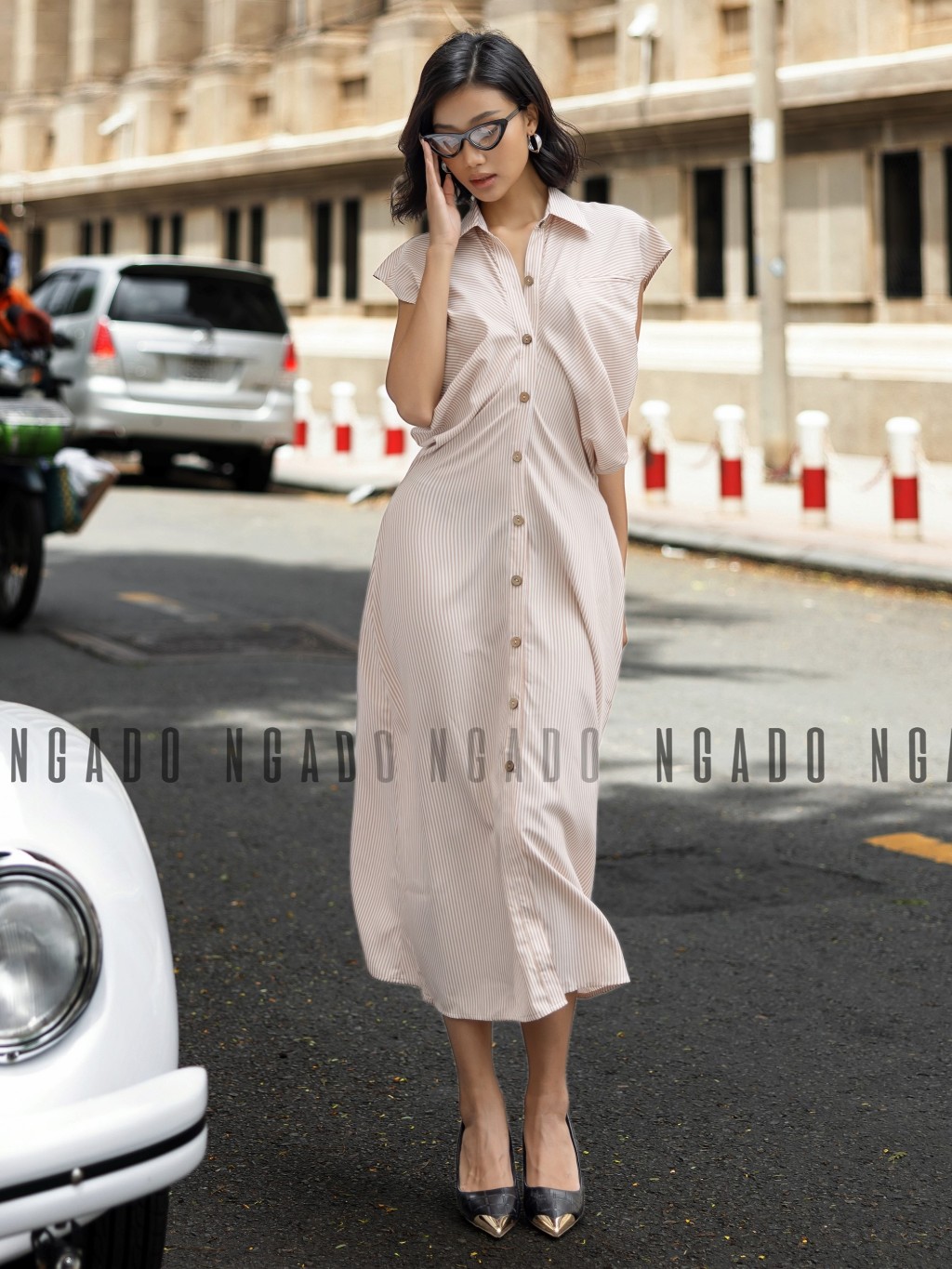 Đầm sơ mi sọc cam NGADO, Đầm suông, Đầm vintage, Đầm dạo phố thiết kế
