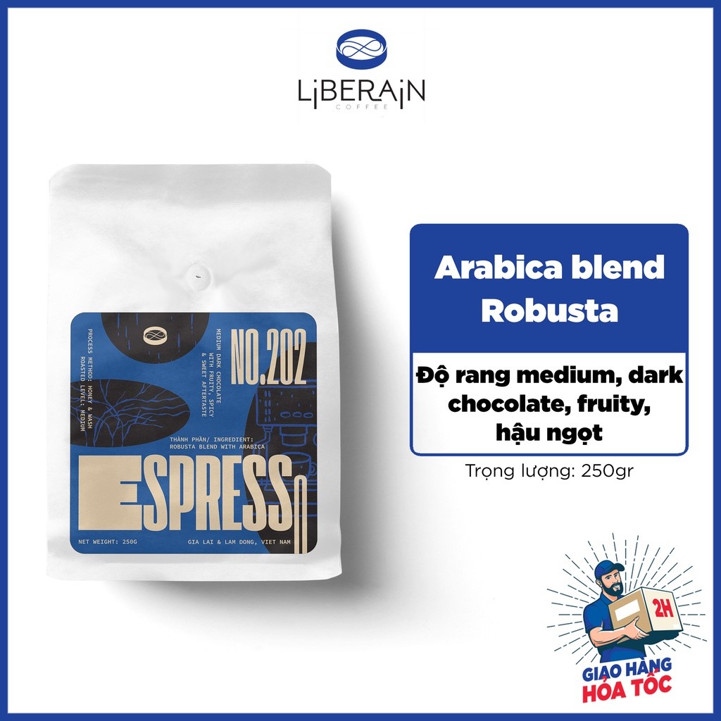 Cà phê pha máy espresso Liberain 202 - 250gr - Gu vị truyền thống, vị chocolate, hậu ngọt