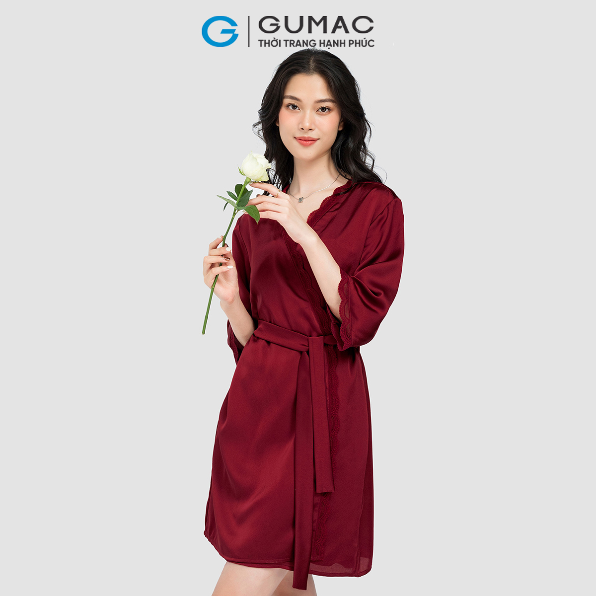 Áo khoác ngủ nữ GUMAC nhiều màu dáng dài buộc eo chất liệu lụa AC10059