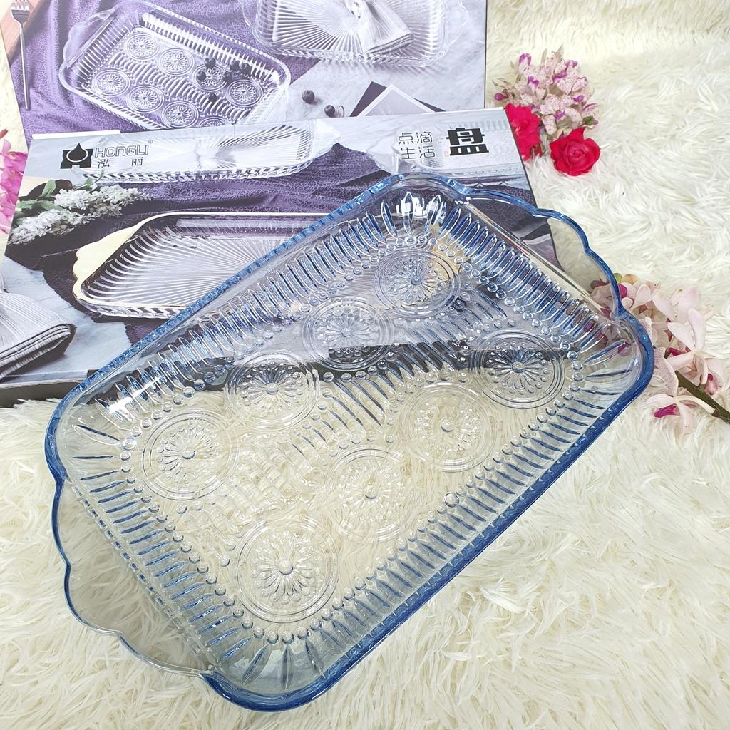Dĩa Thủy Tinh Dài Để Ly/Cốc Hình Chữ Nhật, Khay Đựng Trái Cây, Bánh Mứt Thủy Tinh Cao Cấp Màu Xanh Hoa