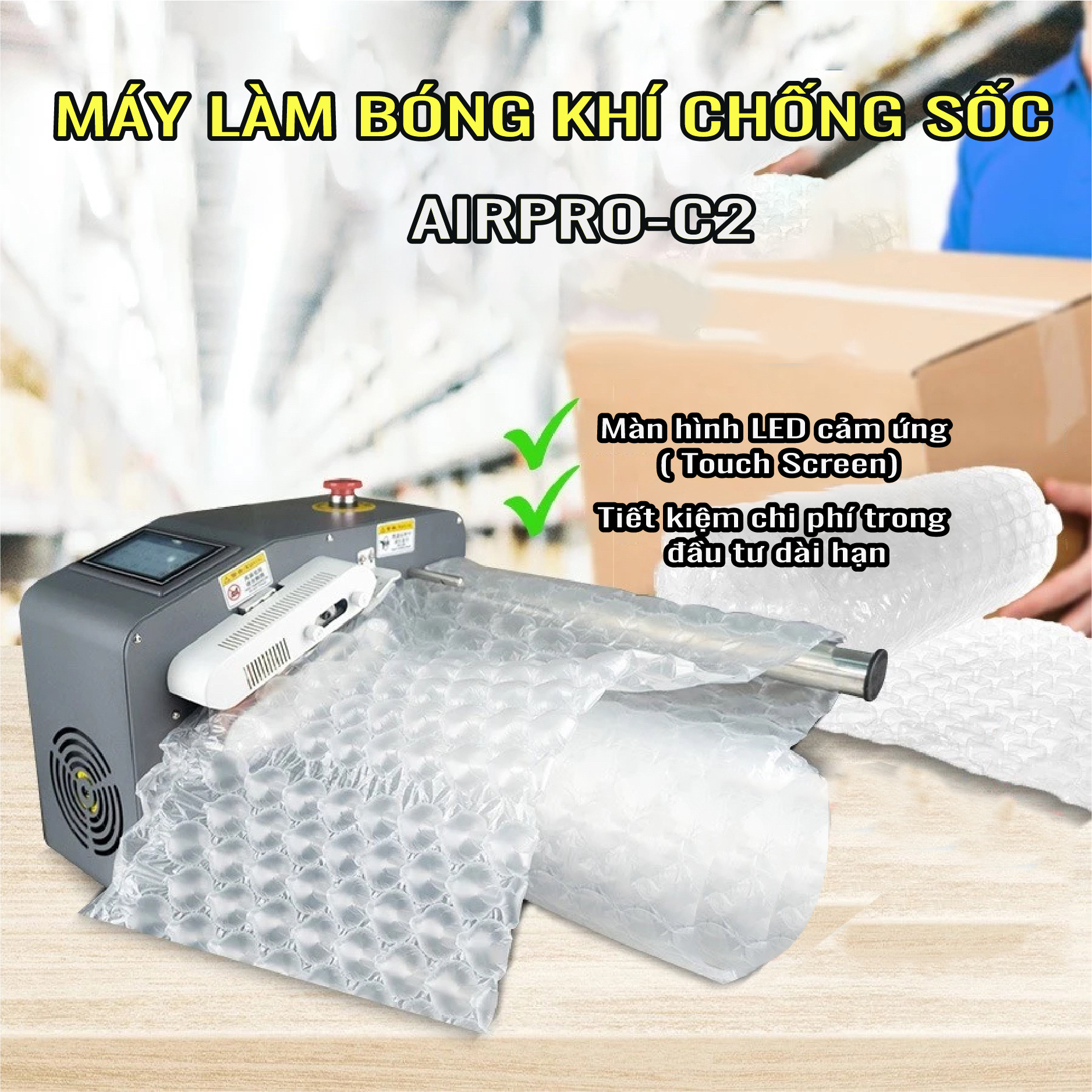 Máy Làm Bóng Khí Chống Sốc Công Nghiệp Airpro-c2. Tạo Ra Túi Bóng Khí Chống Va Đập Tốt Với 5 Kích Thước Bóng 20×10, 13, 15, 20 Bảo Vệ Hàng Hóa Tốt Hơn. Hàng Nhập Khẩu Chính Hãng SGE Thái Lan