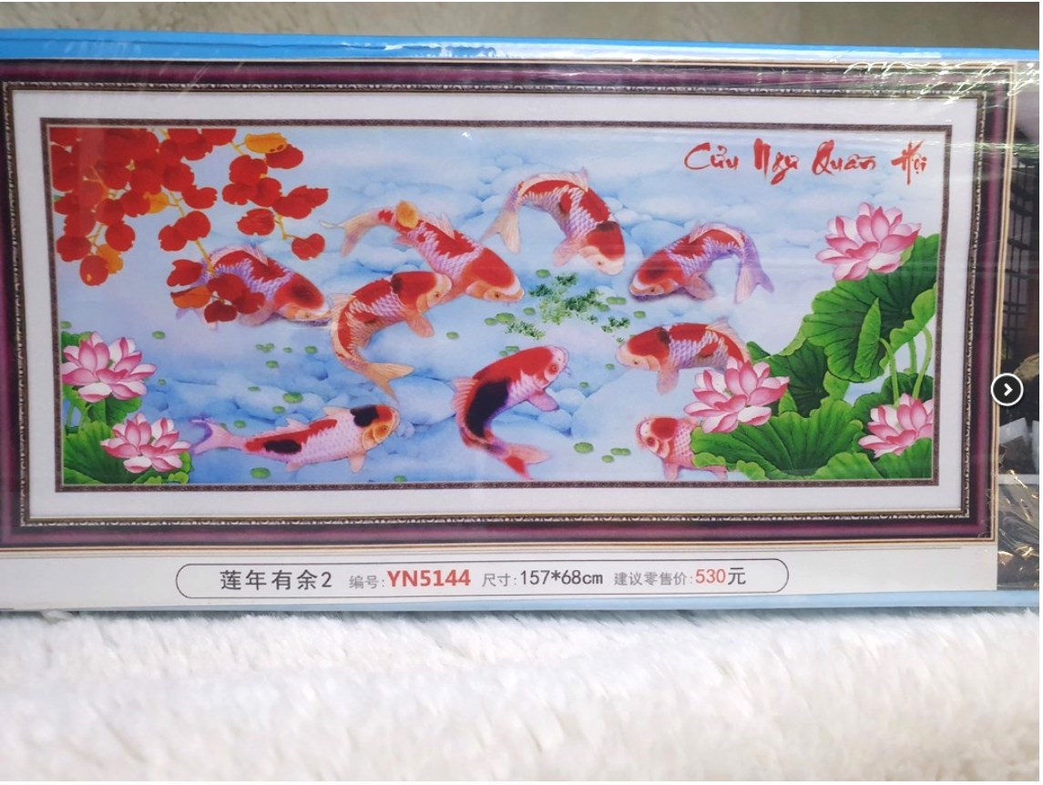 Tranh đính đá cửu ngư quần hội - cá chép hoa sen - 157cm x 68 cm - tự đính