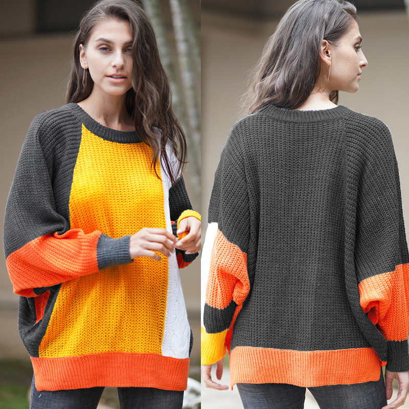 Women Knitted Sweater Color Block Batwing Sleeve Ribbed Splits Twist Autumn WinterCasual Loose Pullover