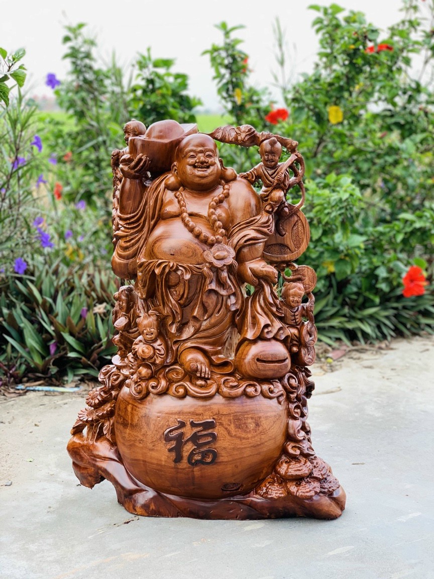 Tượng phật di lặc ngũ phúc bằng gỗ sụn hương ta cực đẹp kt cao 72×55×24cm