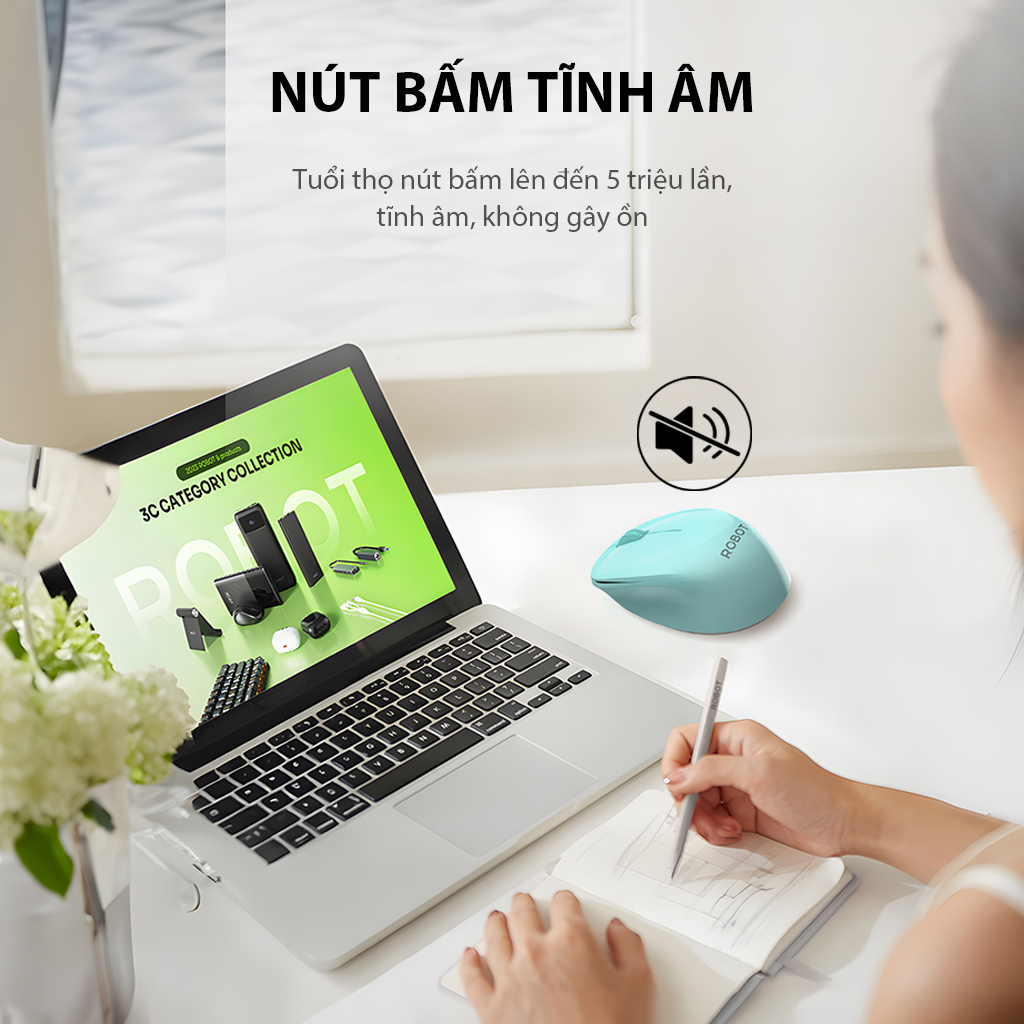 Chuột Không Dây Tĩnh Âm ROBOT M210S Kết Nối USB 2.4Ghz Độ Phân Giải 1600 DPI HÀNG CHÍNH HÃNG