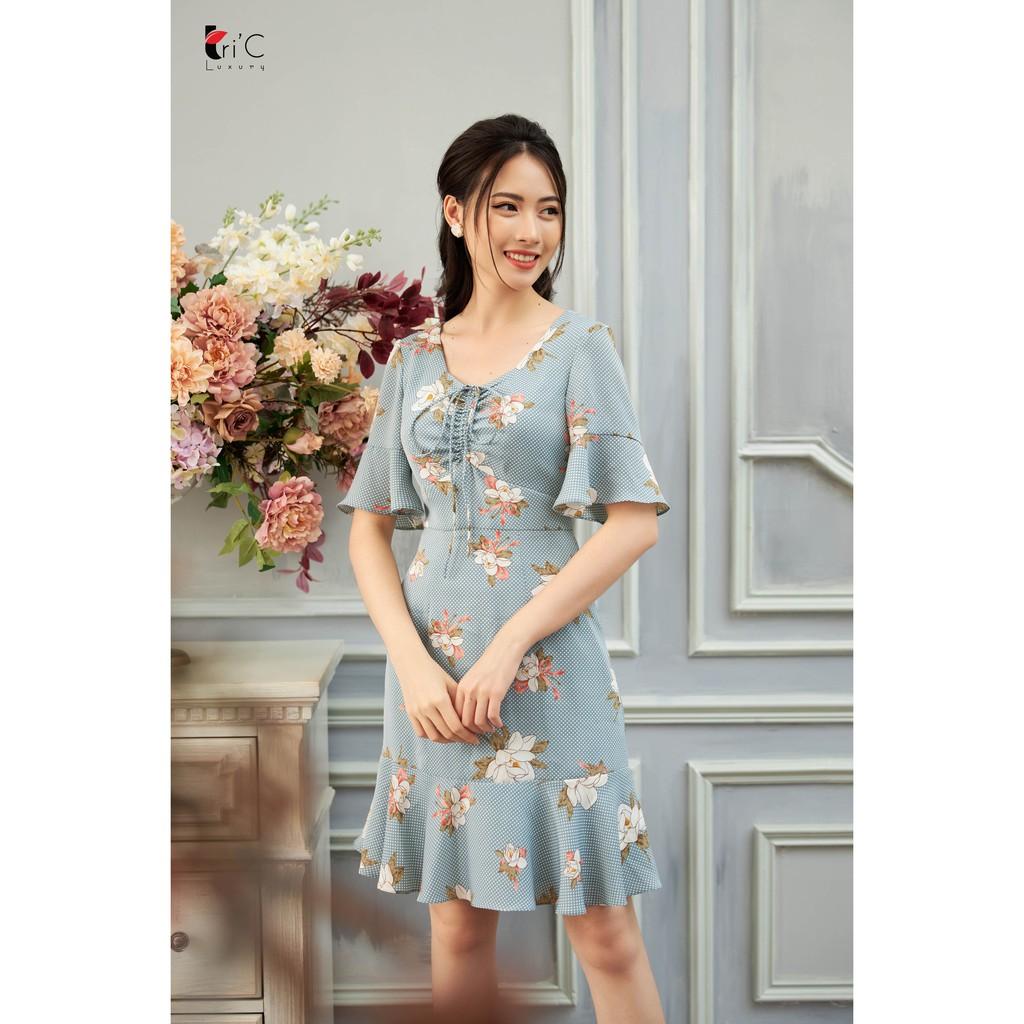 Đầm xòe đuôi cá Tri'C Luxury rút dây ngực Xanh pastel A20420