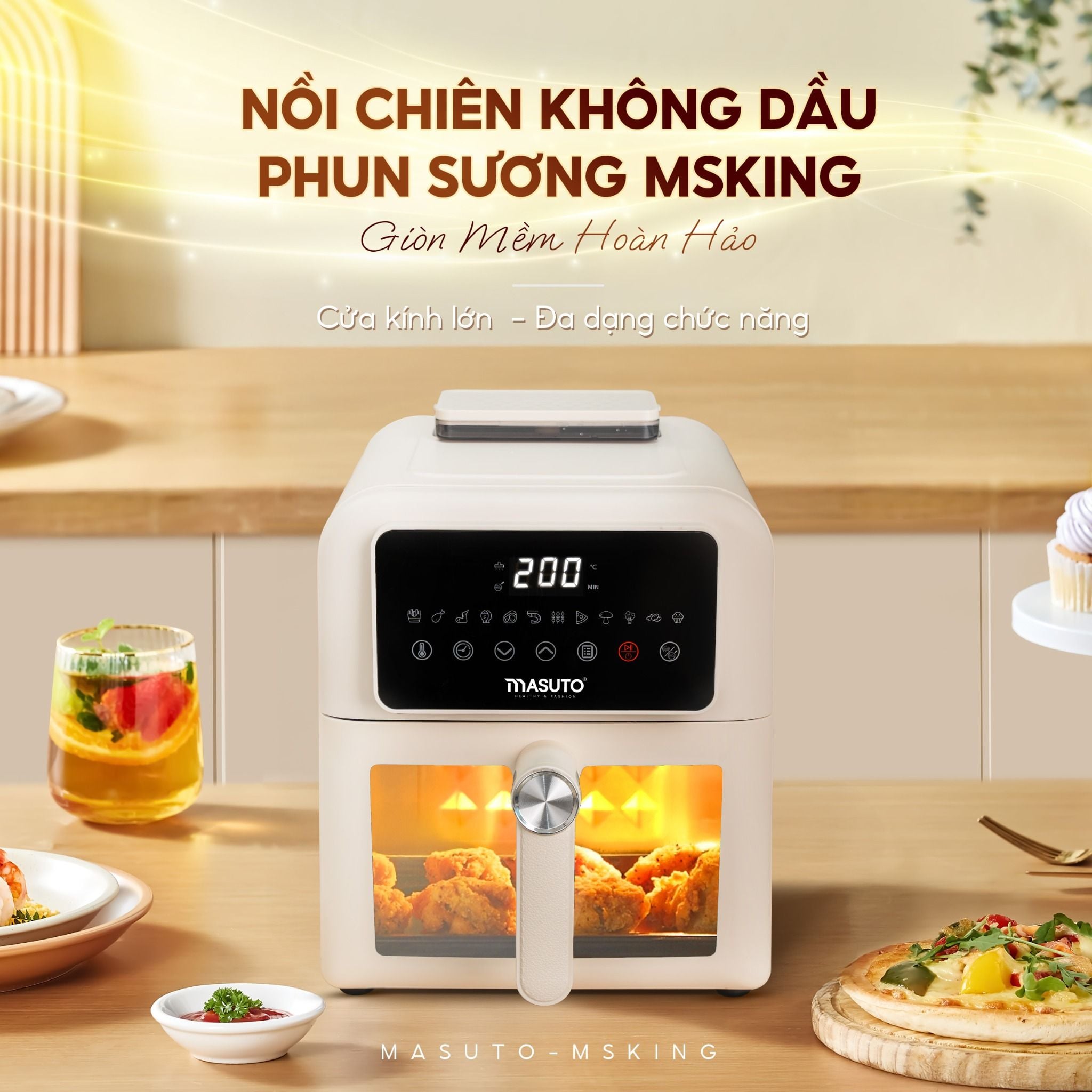 Nồi chiên không dầu phun sương Masuto MSKing 6L - 2 tầng đốt không cần trở lật - Hàng chính hãng