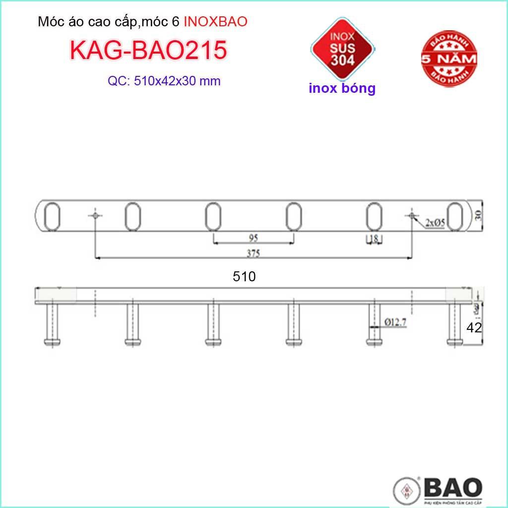 Móc 6 Inox Bảo KAG-BAO215, móc áo phòng tắm SUS304 dập sáng bóng sang trọng thiết kế tuyệt đẹp siêu bền