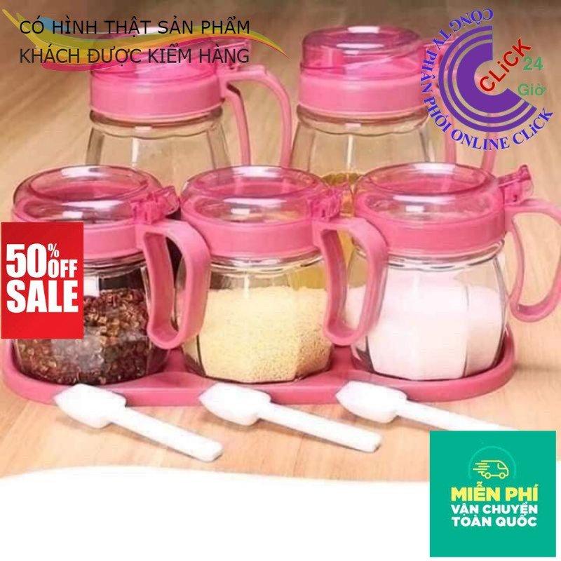 Bộ 5 Lọ/Hũ Đựng Gia Vị Thủy Tinh Có tay Cầm - Hàng Cao Cấp
