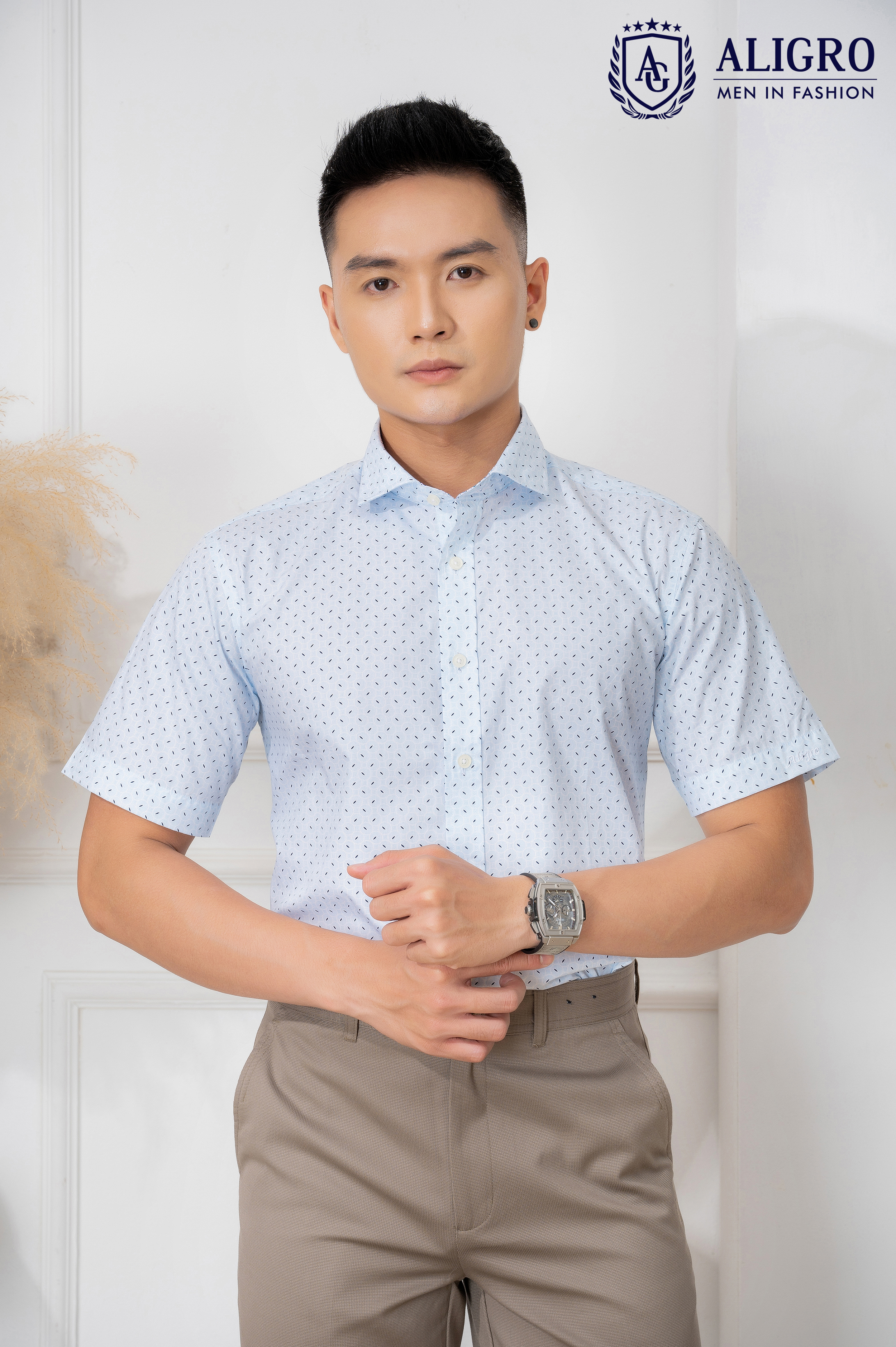 Áo sơ mi cộc tay nam Aligro màu xanh họa tiết form customfit chất liệu cotton cao cấp  ALGS-C83