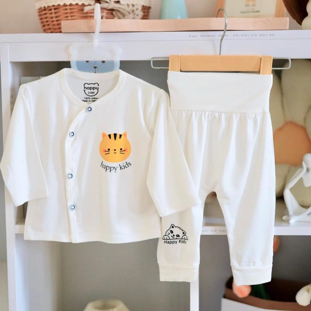 [3-8kg] Bộ Quần Áo Sơ Sinh Dài Tay Cạp Cao Chất Thun Lạnh Mềm, Mỏng, Mát - HAPPY KIDS - Gấu nâu