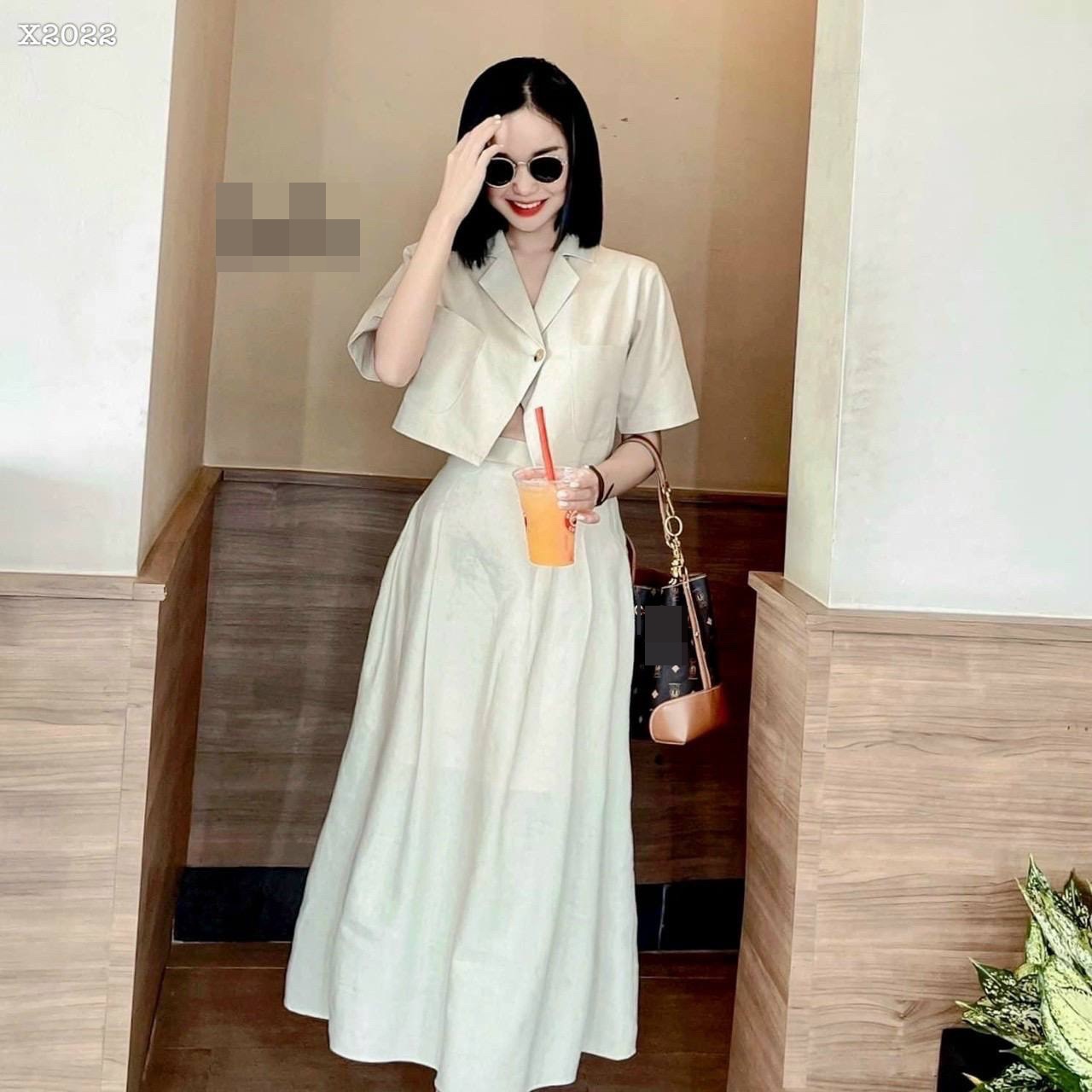 SET CHÂN VÁY DÀI SUÔNG TRƠN LƯNG CAO MIDI MAXI + ÁO SƠ MI CROPTOP BLAZER / VEST TAY NGẮN RETRO ĐI CHƠI DẠO PHỐ ĐI BIỂN ĐI LÀM