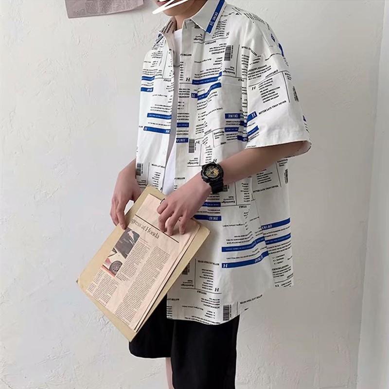 Áo sơ mi rộng thoải mái tay ngắn in chữ tiếng Anh thời trang mùa hè dành cho nam