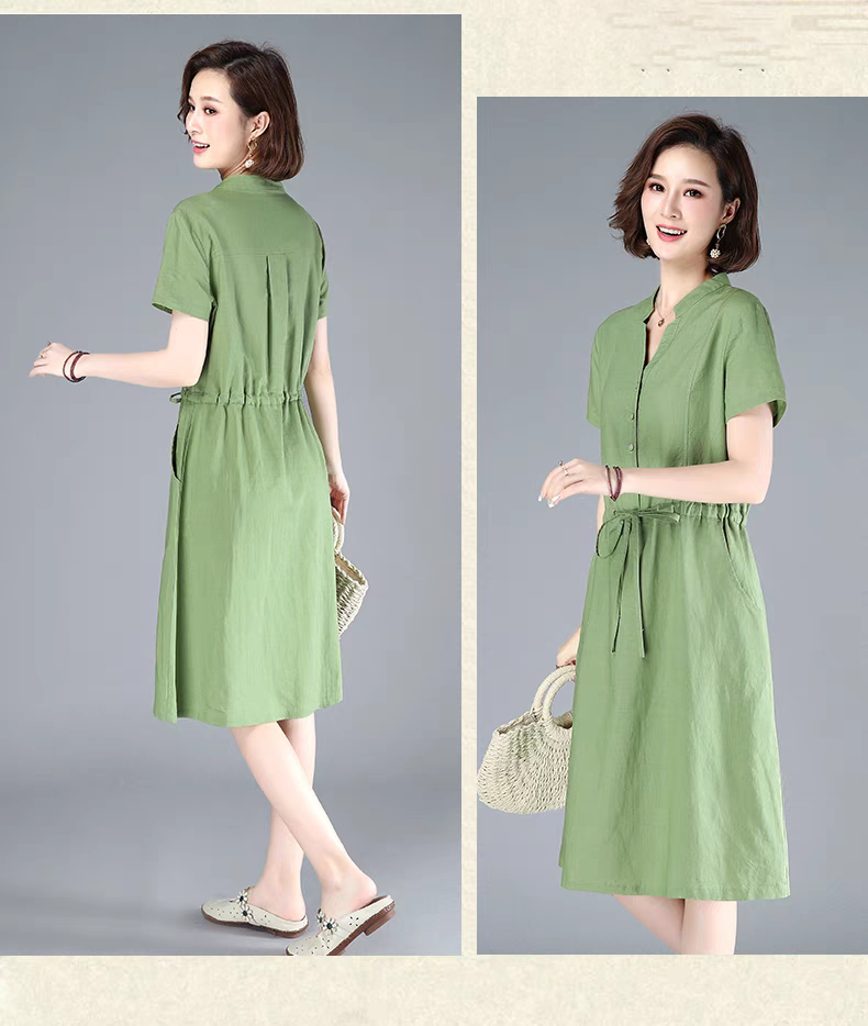 Đầm linen suông cổ tàu ngắn tay, Váy linen suông dài phong cách công sở, eo có dây rút mẫu mới mặc hè Đũi Việt