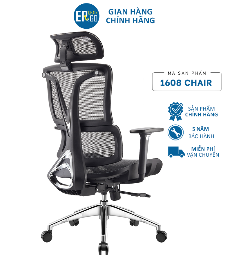 Ghế Công thái học Ergonomic 1608 Đen - Thiết kế 2 lưng