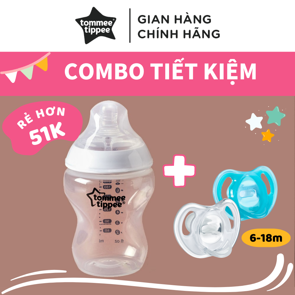 COMBO Ty Ngậm Silicon Siêu Nhẹ Tommee Tippee Ultra Light 6-18m &amp; Bình Sữa Ty Siêu Mềm Tommee Tippee Natural Start 260ml