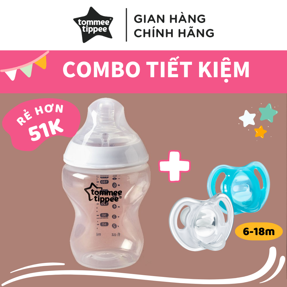 COMBO Bình sữa ty siêu mềm tự nhiên Tommee Tippee Closer to Nature 260ml &amp; Ty ngậm silicon siêu nhẹ cho bé Tommee Tippee Ultra Light 6-18 tháng (vỉ đôi) - Xanh dương/Trắng