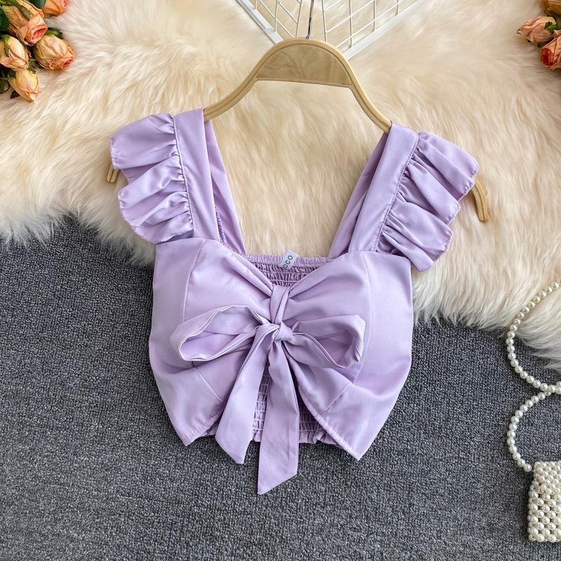 Áo hai dây nữ croptop buộc nơ ngực dáng ôm kiểu cánh tiên ống 2 dây bản lớn HIJUNE CT01